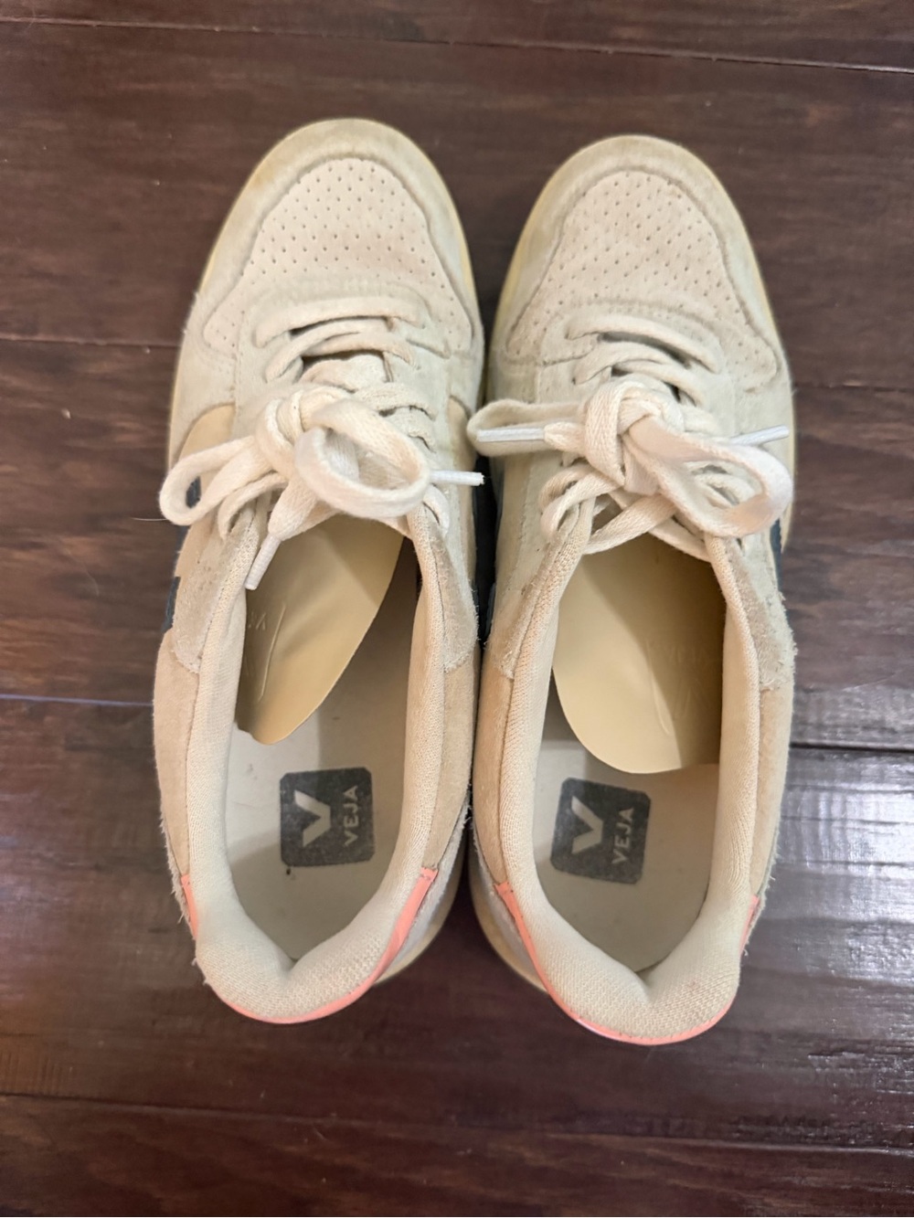 Veja Women’s Beige Suede Sneakers with Coral Heel Accent